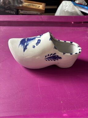 White Ceramic Dutch Clog with Blue Delft-Style Painting